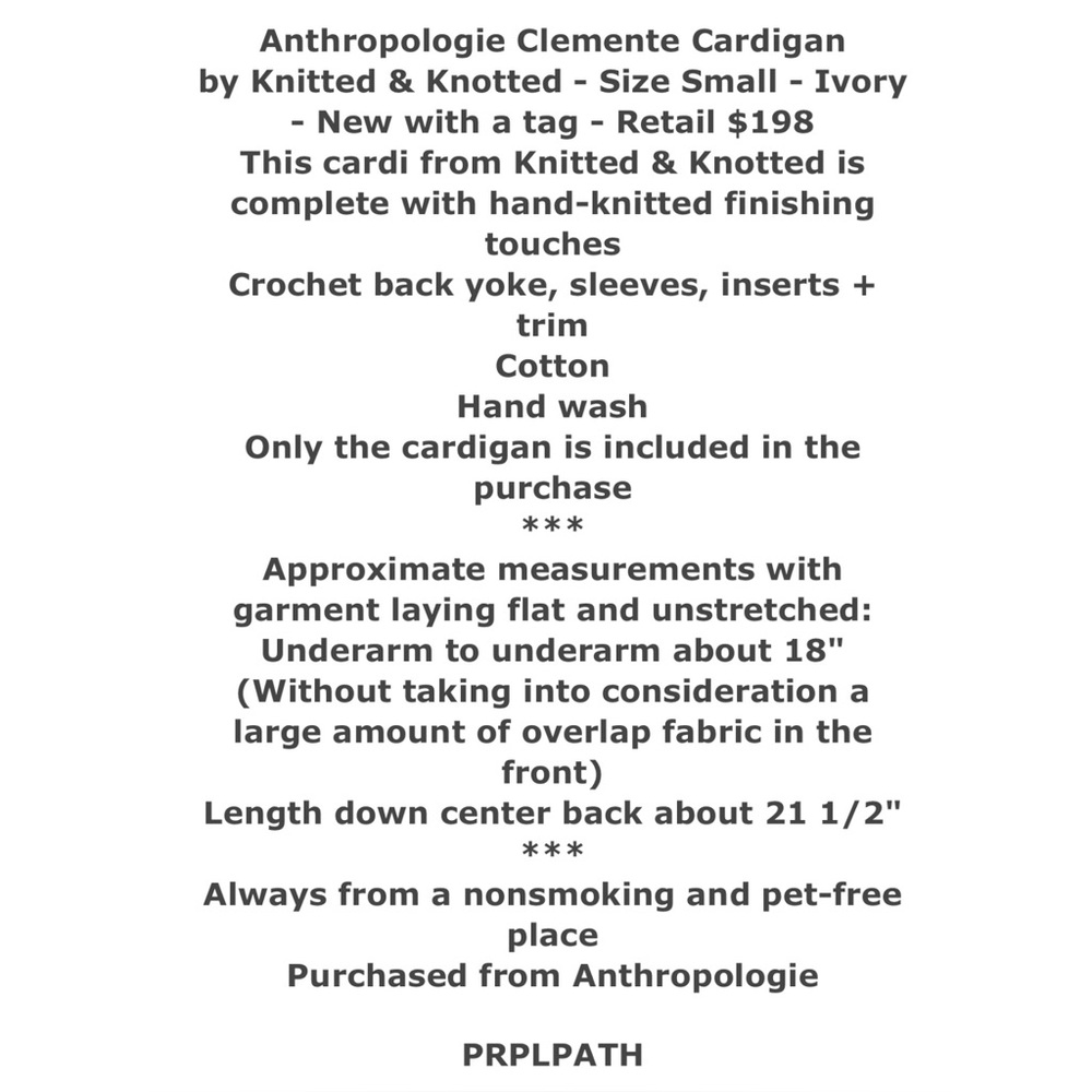 $198 Anthroologie Clemente Cardigan Small 2 4 Ivory Hand Knit Details Crochet - Picture 2 of 13